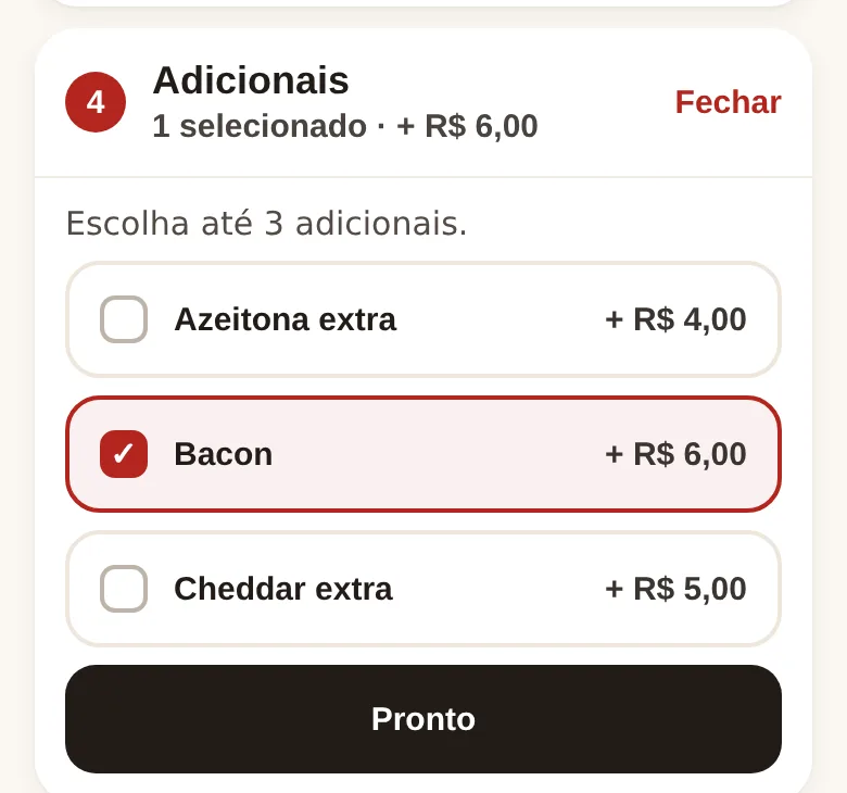 Tela escolhendo adicionais da pizza