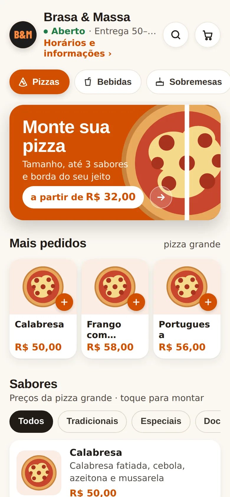 Exemplo de cardápio preto e laranja da pizzaria Brasa e Massa