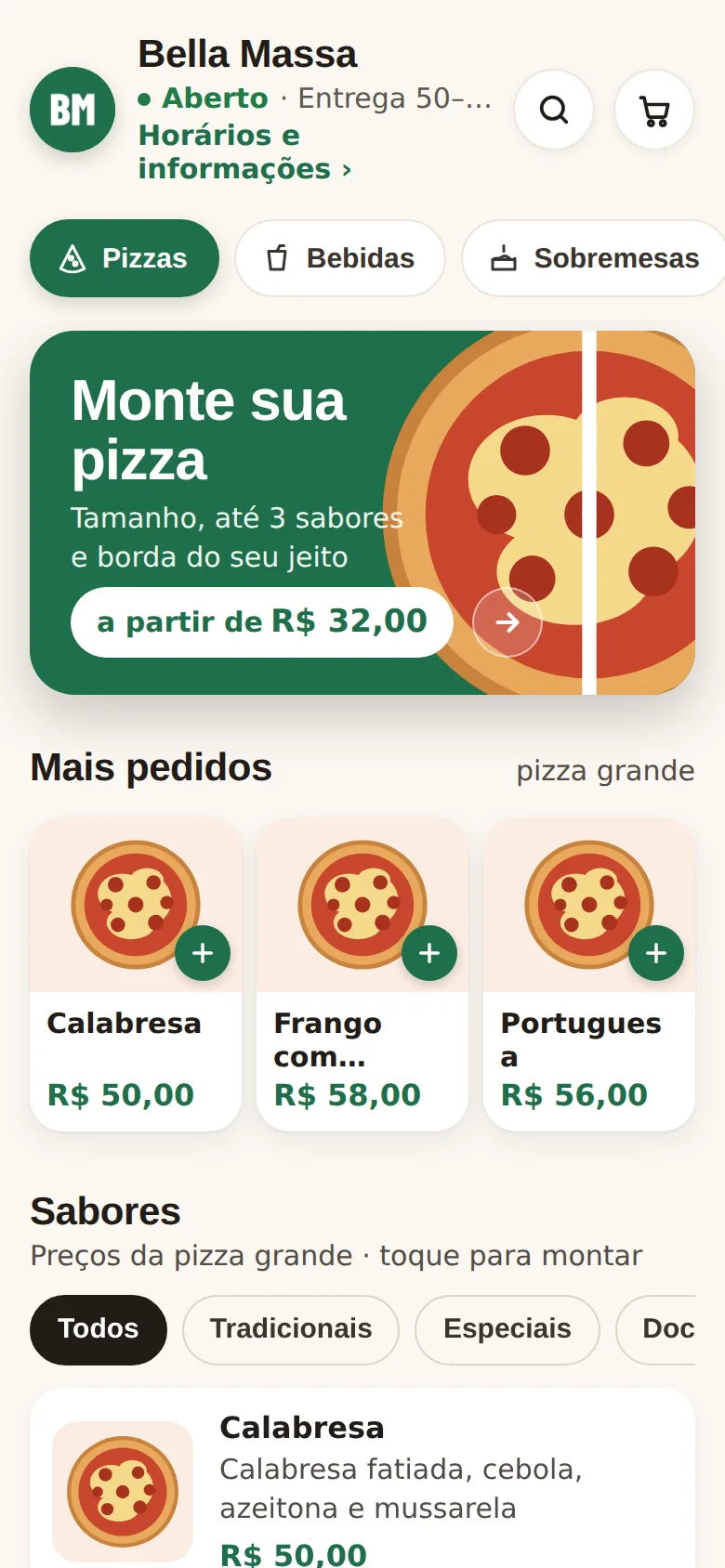 Exemplo de cardápio verde da pizzaria Bella Massa