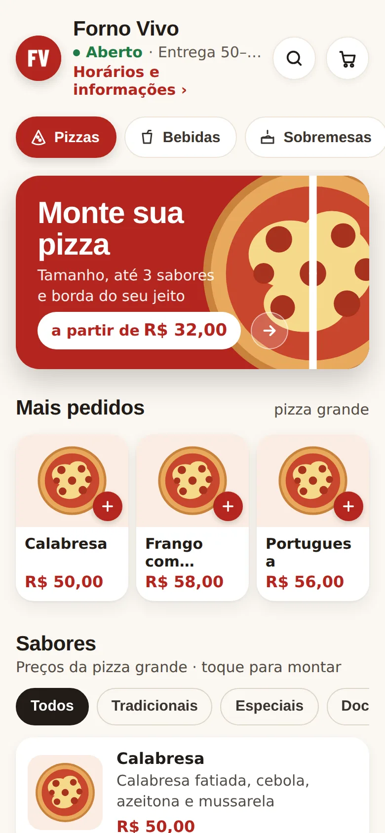 Exemplo de cardápio vermelho da pizzaria Forno Vivo