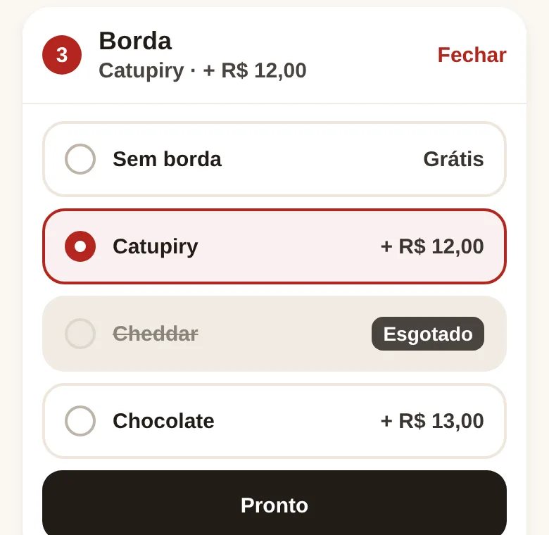 Tela escolhendo a borda da pizza