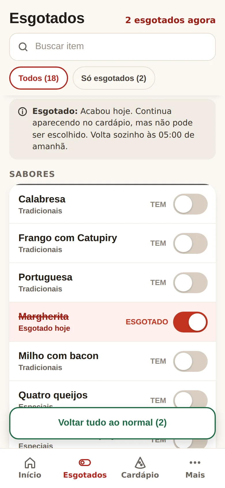 Painel do dono: tela de esgotados com chaves liga e desliga