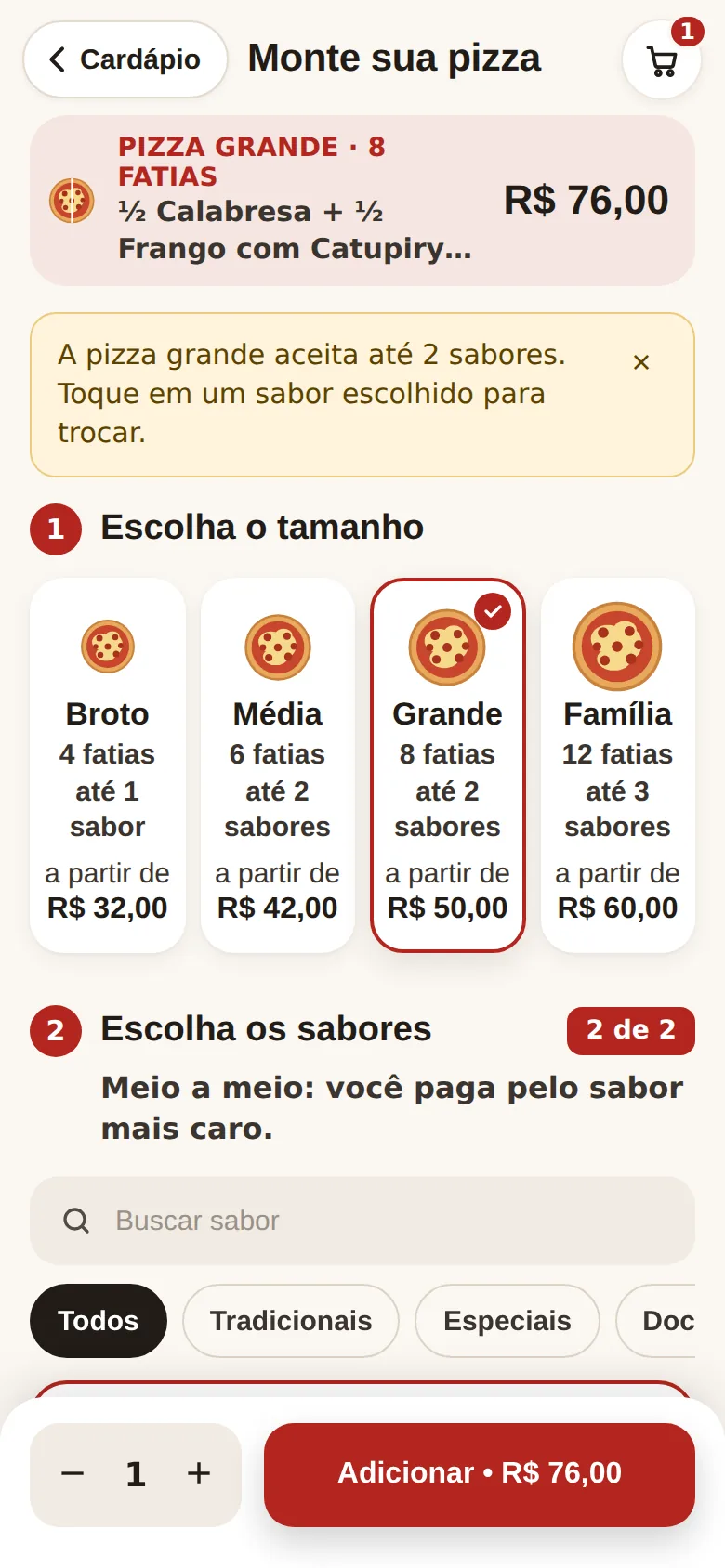 Tela Monte sua pizza, com tamanhos e sabores