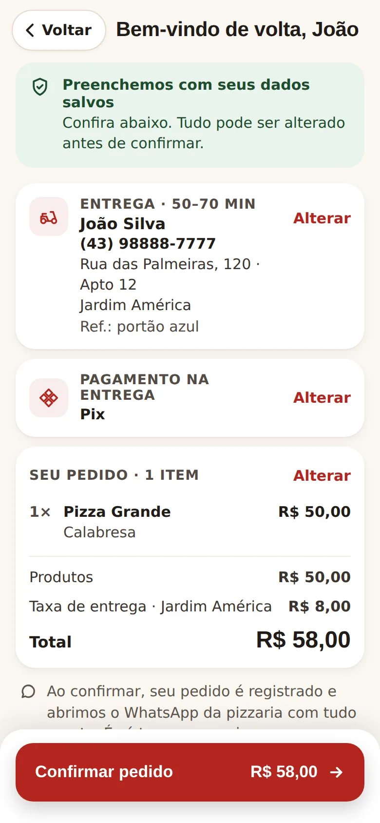 Tela Bem-vindo de volta, com os dados do cliente já preenchidos para conferir