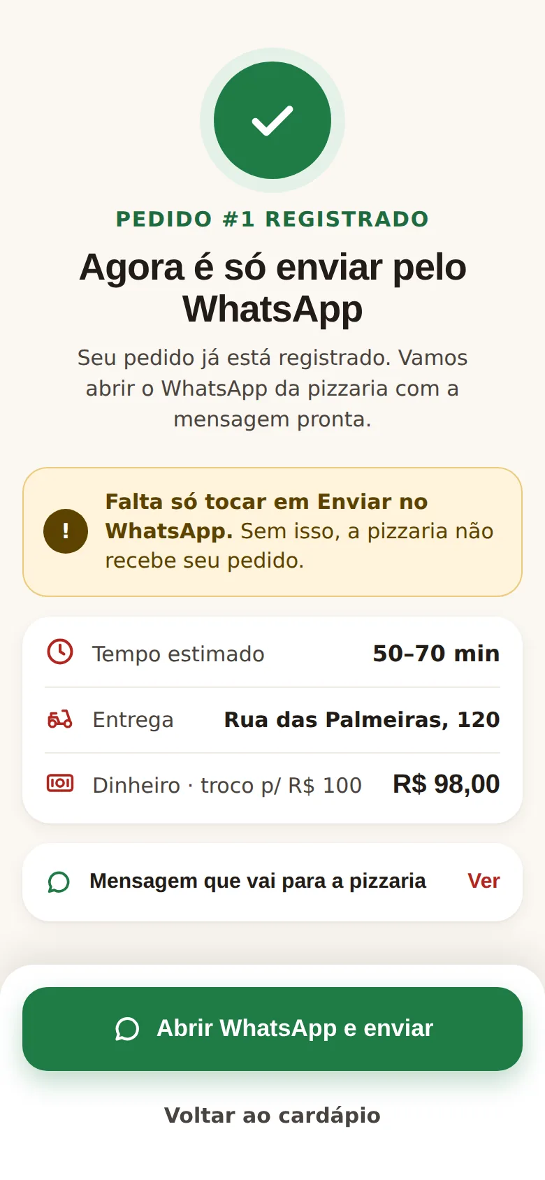 Tela de pedido registrado, pronto para enviar pelo WhatsApp